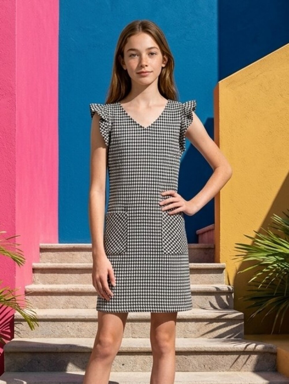 Copper Key Black White Houndstooth W/Gold Metallic Dress Girl's Sz Lg 12/14 NWT